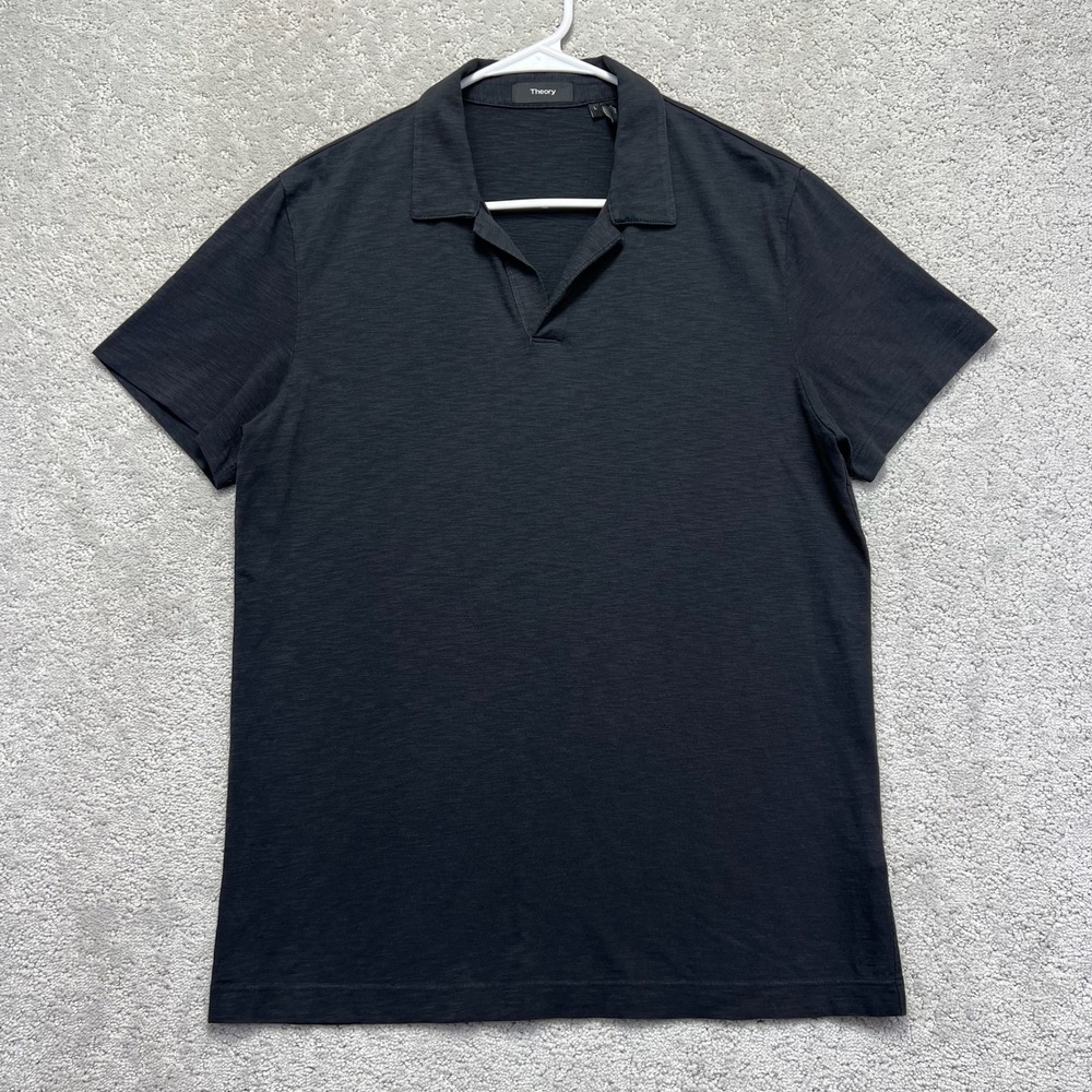 Theory Polo Shirt Mens Large Black Willem Cosmos Slub Knit Cotton Johnny Collar